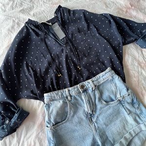 🆕 NWT! Abercrombie and Fitch Navy Blue Star Long Sleeve Blouse Size Large
